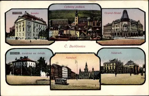 Ak Budweis České Budějovice Südböhmen Tschechien, Grand Hotel, Namesti, Nadrazi, Bahnhof, Platz