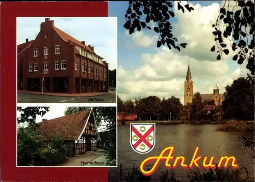 Wappen Ak Ankum in Niedersachsen, Rathaus, Heimathaus, Blick übers Wasser zur Kirche