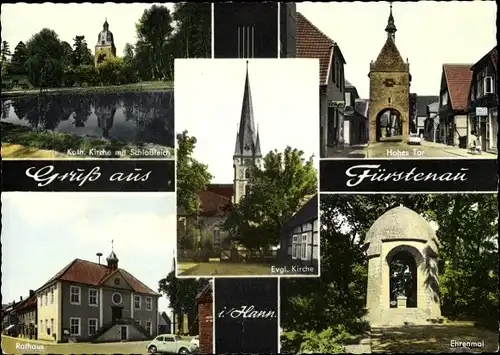 Ak Fürstenau in Niedersachsen, Hohes Tor, Kirche mit Schlossteich, Rathaus, Ehrenmal