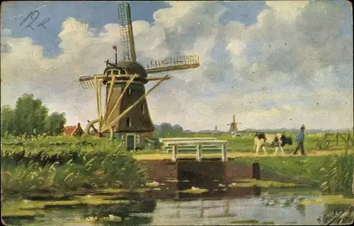 Künstler Ak Landschaftsansicht mit Windmühle, Mann mit Kuh