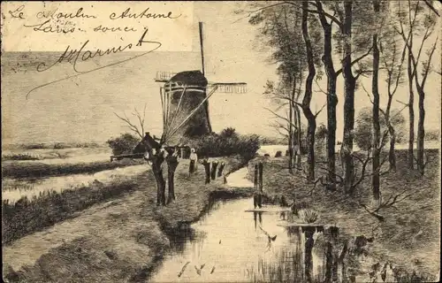 Künstler Ak Landschaftsansicht mit Windmühle, Flusspartie, Moulin Antoine