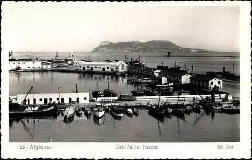 Ak Algeciras Andalusien, Detalle del Puerto, Blick auf den Hafen, Lagerhäuser, Boote