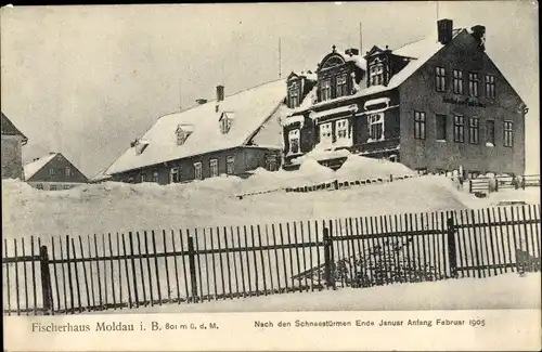 Ak Moldava Moldau Reg. Aussig, Fischerhaus, Schneestürme vom Februar 1905