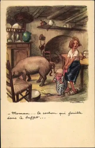 Künstler Ak Poulbot, Francisque, Le cochon, Küche, Kinder 