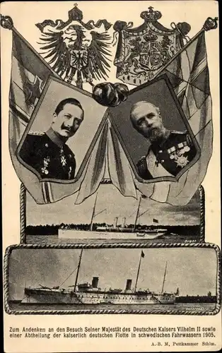 Ak Kaiser Wilhelm II., König Oskar II. von Schweden, Staatsbesuch 1905, SMY Hohenzollern