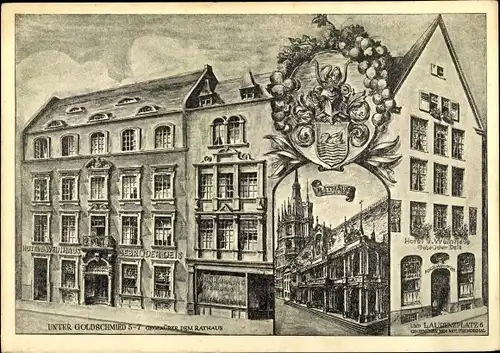 Künstler Ak Köln am Rhein, Unter Goldschmied 5-7, Hotel u. Weinhandlung Gebr. Deis, Laurenzplatz 6