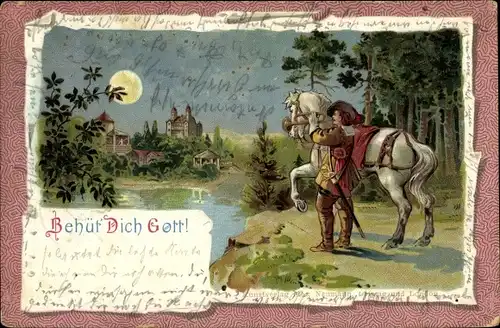 Litho Behüt dich Gott, Trompeter von Säckingen, Uferpartie, Mondschein