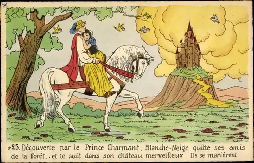 Künstler Ak Walt Disney, Comic, Blanche Neige, Prince Charmant, Schneewittchen und der Prinz, Pferd