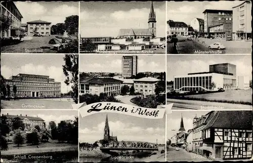 Ak Lünen in Nordrhein Westfalen, Stadtbad, Gymnasium, Schloß Cappenburg, Lippebrücke, Stadttheater
