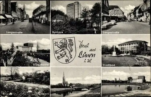 Ak Lünen in Nordrhein Westfalen, Wappen, Rathaus, Stadtpark, Lippebrücke, Langestraße