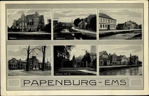 Ak Papenburg im Emsland, Rathaus, Hauptkanal, Bahnhof, Kriegerdenkmal
