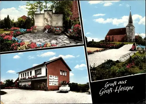 Ak Hesepe Geeste im Emsland, Kirche, Markt, Denkmal