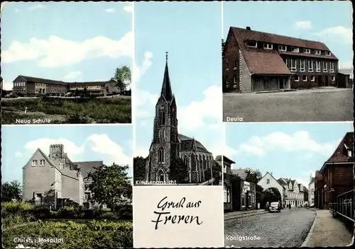 Ak Freren Niedersachsen, Neue Schule, Deula, Christus Hospital, Kirche, Königstraße