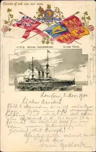 Präge Wappen Litho Britisches Kriegsschiff, HMS Royal Sovereign, Royal Navy, Fahnen