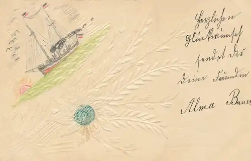 Handgemacht Relief Ak Segeldampfschiff in Fahrt, Sonnenuntergang