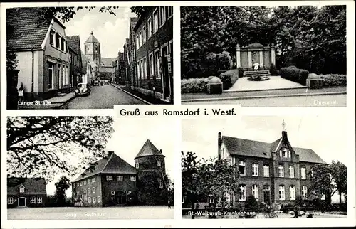 Ak Ramsdorf Velen im Münsterland, Langestraße, Ehrenmal, Burg, Rathaus, St. Walburgis Krankenhaus