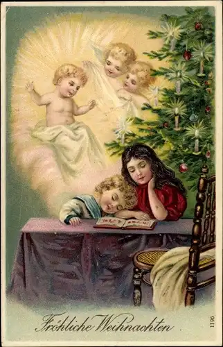 Präge Ak Frohe Weihnachten, Weihnachtsbaum, Engel, Kinder 