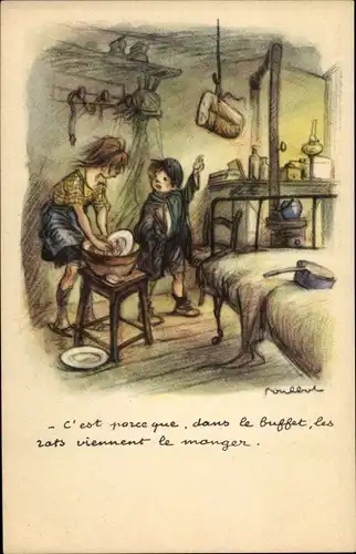 Künstler Ak Poulbot, Francisque, Ligue Nationale Contre le Taudis, Kinder, Brot