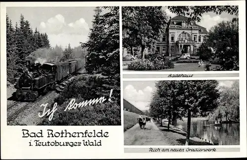 Ak Bad Rothenfelde am Teutoburger Wald, Badehaus, Dampflokomotive, Teich am neuen Gradierwerk