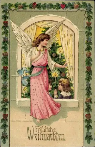 Präge Ak Frohe Weihnachten, Engel, Weihnachtsbaum, Kinder