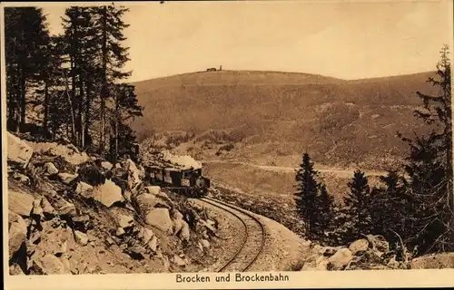 Ak Brocken Nationalpark Harz, Brockenbahn, Dampflok, Bahnstrecke