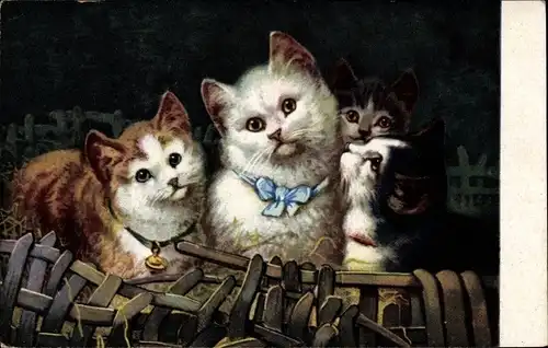 Künstler Ak Katzenportrait, Vier Katzen mit Schleife und Glocke um den Hals