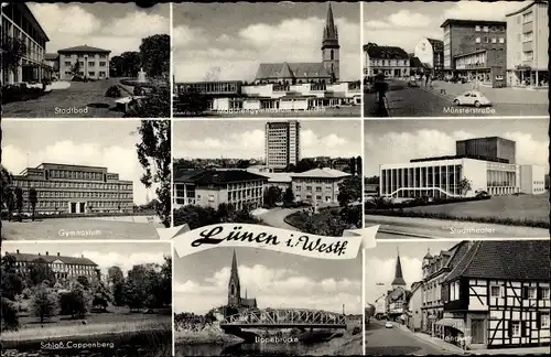 Ak Lünen in Nordrhein Westfalen, Stadtbad, Münsterstraße, Stadttheater, Langestr., Gymnasium, Kirche