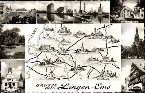 Ak Lingen im Emsland, Markt, Alter Hafen, Erdölraffinerie, Kirchen, Giebelhaus, Rathaus, Park