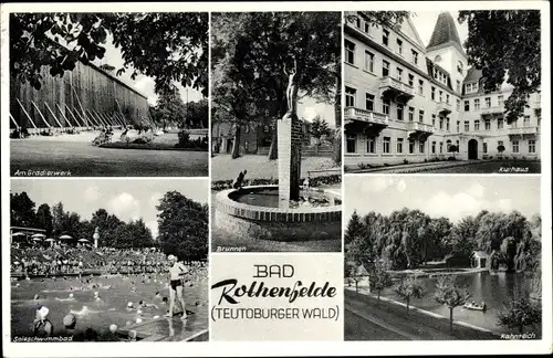 Ak Bad Rothenfelde am Teutoburger Wald, Ansichten, Gradierwerk, Brunnen, Kurhaus, Kahnteich, Bad