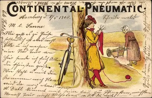 Litho Continental Pneumatic Reklame, Junge Frau beim Stricken, Fahrrad
