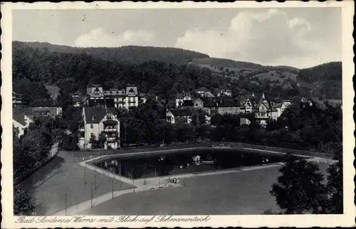 Ak Bad Sooden Allendorf in Hessen, Blick auf den Ort mit Schwanenteich