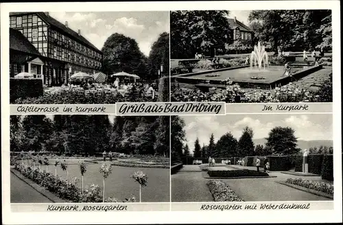 Ak Bad Driburg Nordrhein Westfalen, Caféterrasse im Kurpark, Rosengarten, Weberdenkmal