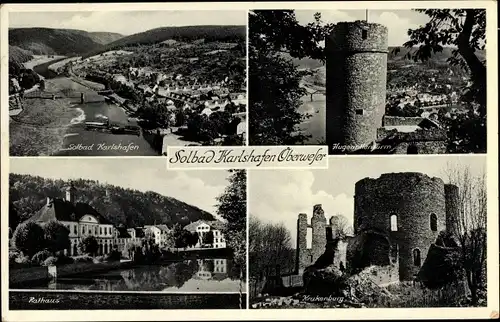 Ak Bad Karlshafen an der Oberweser Hessen, Blick auf den Ort, Rathaus, Hugenottenturm, Krukenburg