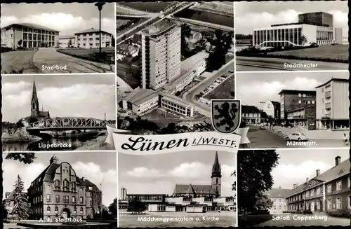 Ak Lünen Nordrhein Westfalen, Stadtbad, Stadttheater, Schloss Cappenberg, Mädchengymnasium, Kirche
