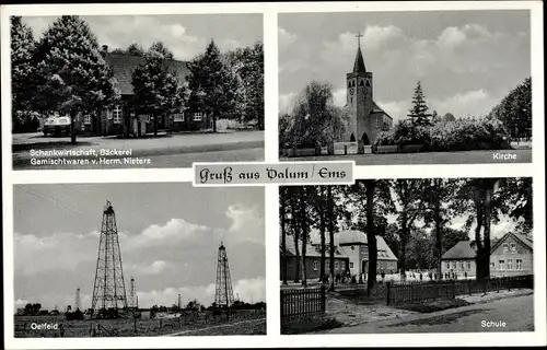 Ak Dalum Geeste im Emsland, Schankwirtschaft Bäckerei Herm. Nieters, Ölfeld, Kirche, Schule