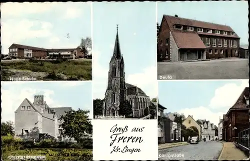 Ak Freren im Emsland, Neue Schule, Kirchenansicht, Deula, Christus-Hospital, Königstraße