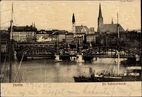 Ak Szczecin Stettin Pommern, Die Bahnhofsbrücke, Kirche