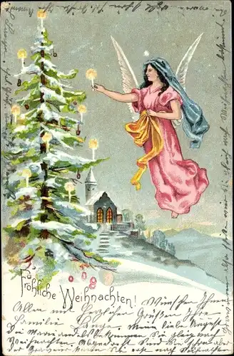 Litho Glückwunsch Weihnachten, Engel schmückt Weihnachtsbaum mit Kerzen, Kirche