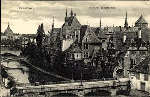 Ak Strasbourg Straßburg Elsass Bas Rhin, Höhere Töchterschule, Geschäft S. Nerson, Turm der Synagoge