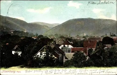 Ak Ilsenburg am Nordharz, Blick über die Dächer der Stadt, Bergpanorama