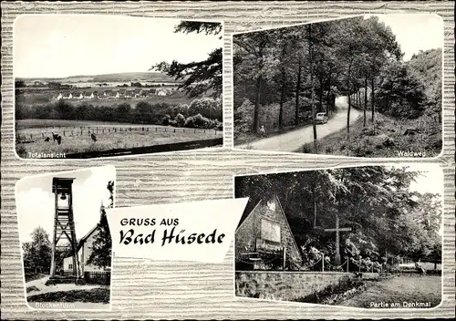 Ak Hüsede Bad Essen in Niedersachsen, Totalansicht, Waldweg, Glockenturm, Partie am Denkmal