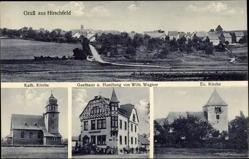 Ak Hirschfeld Hunsrück Rheinland Pfalz, Totalansicht, Kath. Kirche, Gasthaus Wilh. Wagner,Ev. Kirche