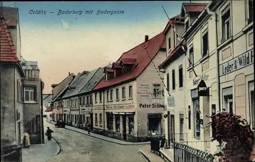 Ak Colditz in Sachsen, Baderberg mit Badergasse, Geschäfte
