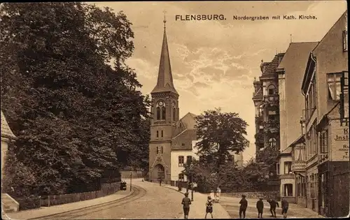 Ak Flensburg in Schleswig Holstein, Nordergraben mit Katholischer Kirche