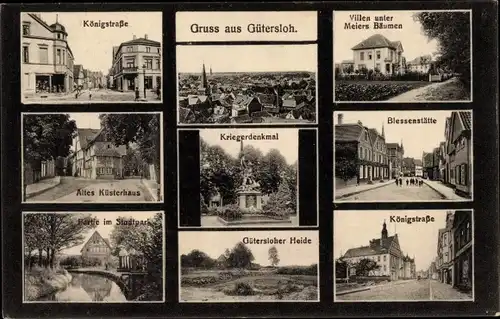 Ak Gütersloh in Westfalen, Königstraße, Küsterhaus, Parkpartie, Kriegerdenkmal, Blessenstätte