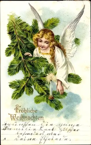 Präge Litho Glückwunsch Weihnachten, Engel an einem Tannenbaum, Kerze