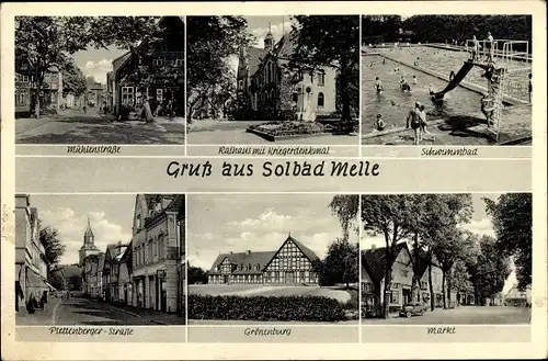 Ak Melle in Niedersachsen, Ansichten, Schwimmbad, Mühlenstraße, Rathaus, Markt, Grönenburg