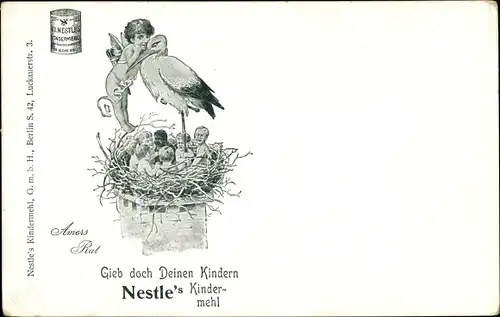 Litho Nestle's Kindermehl, Storchennest, Engel, Kinder im Nest, Amors Rat