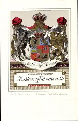 Wappen Litho Großherzogtum von Mecklenburg-Schwerin und Strelitz