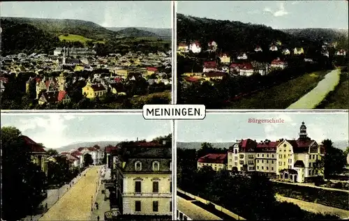Ak Meiningen in Südthüringen, Ansichten, Bürgerschule, Totale, Straßenpartie, Panorama